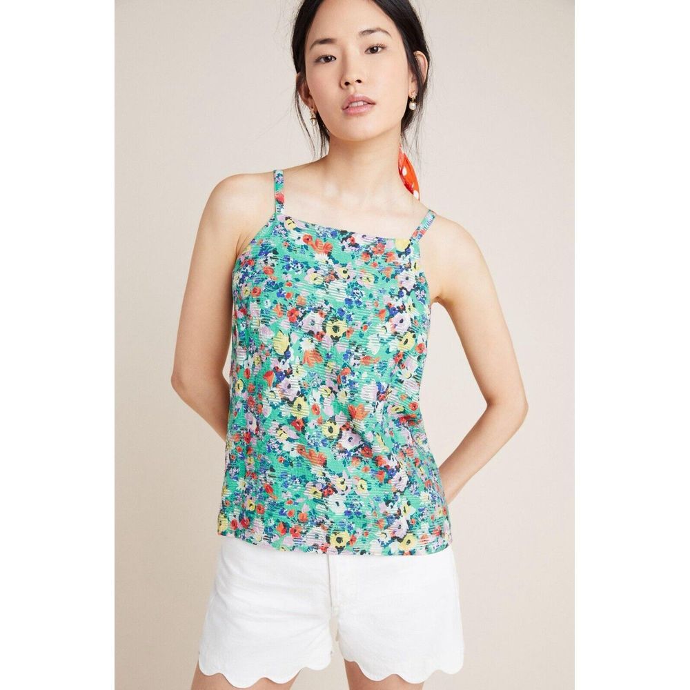 Anthropologie Maeve Quinn Textured Cami Tank Green Floral Size 12 Large UK 16